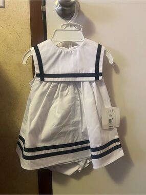 White Sailor-Style Baby Dress with Navy Trim